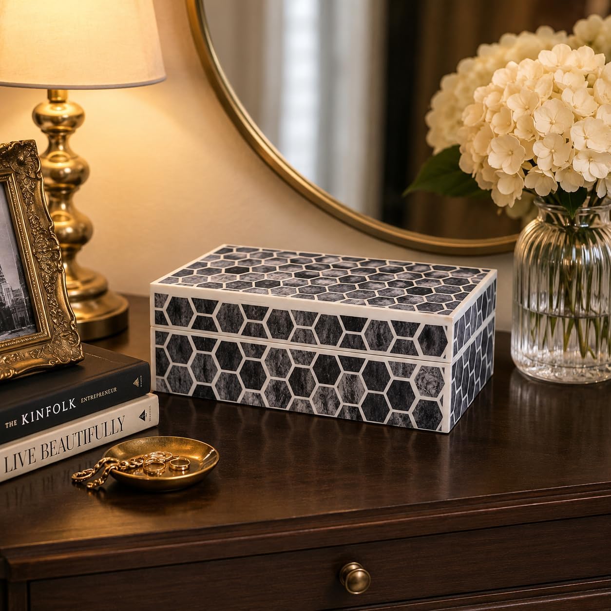 collectiblesBuy Handmade Bone Inlay Trinket Box Large 7x5x4 Inch Chevron Mosaic Jewelry Box Victorian Decorative Keepsake Organizer Vintage Home Office Decor Gift image 4