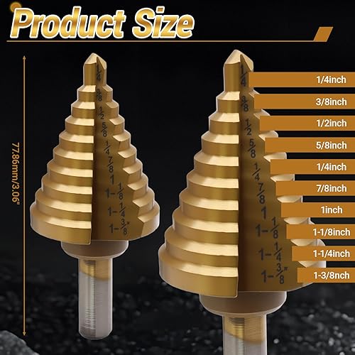Miniatura 3 de Uenhoy Broca escalonada de titanio de 14 a 1-38 pulgadas, 10 tamaños de brocas de acero de alta velocidad para corte de agujeros, agujero HSS