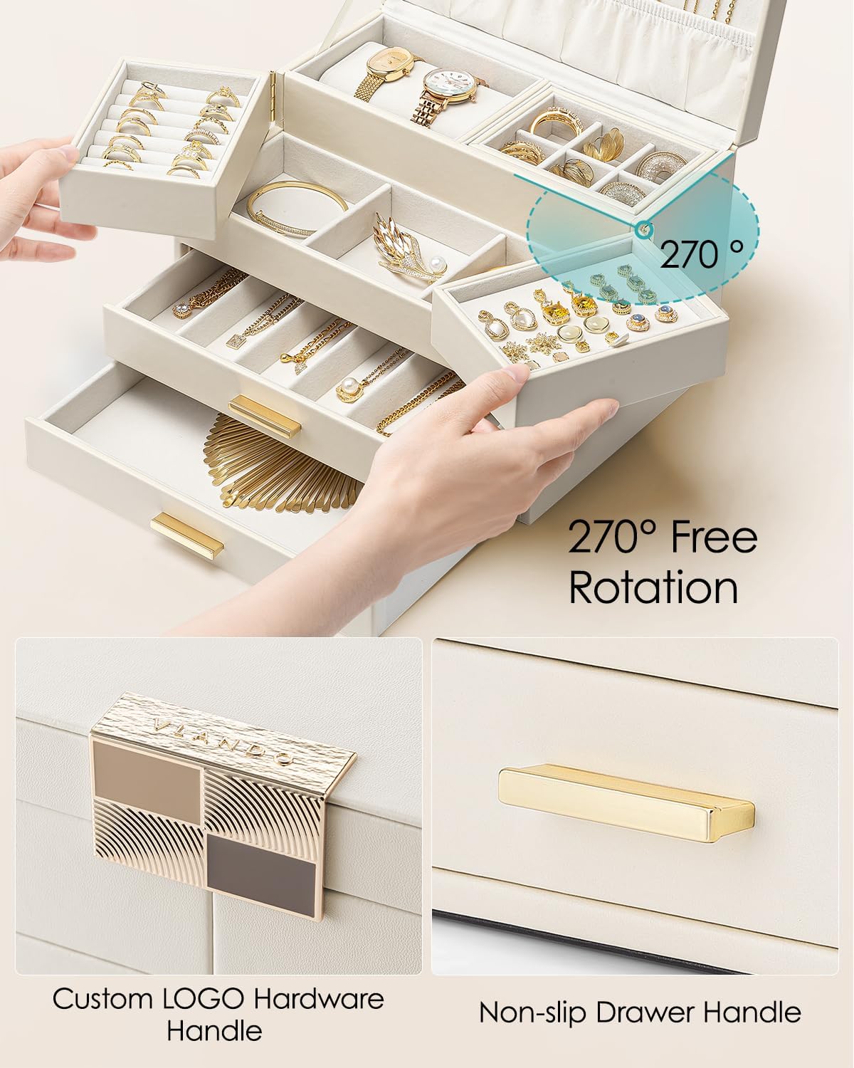 Vlando 4 Layers Jewelry Box - Women Jewelry Box with Retractable Tray - Jewelry Organizer with Drawer for Necklaces, Rings, Bracelets, Earrings, Valentines Gift for Mom Girls - Cloud White - Image 4