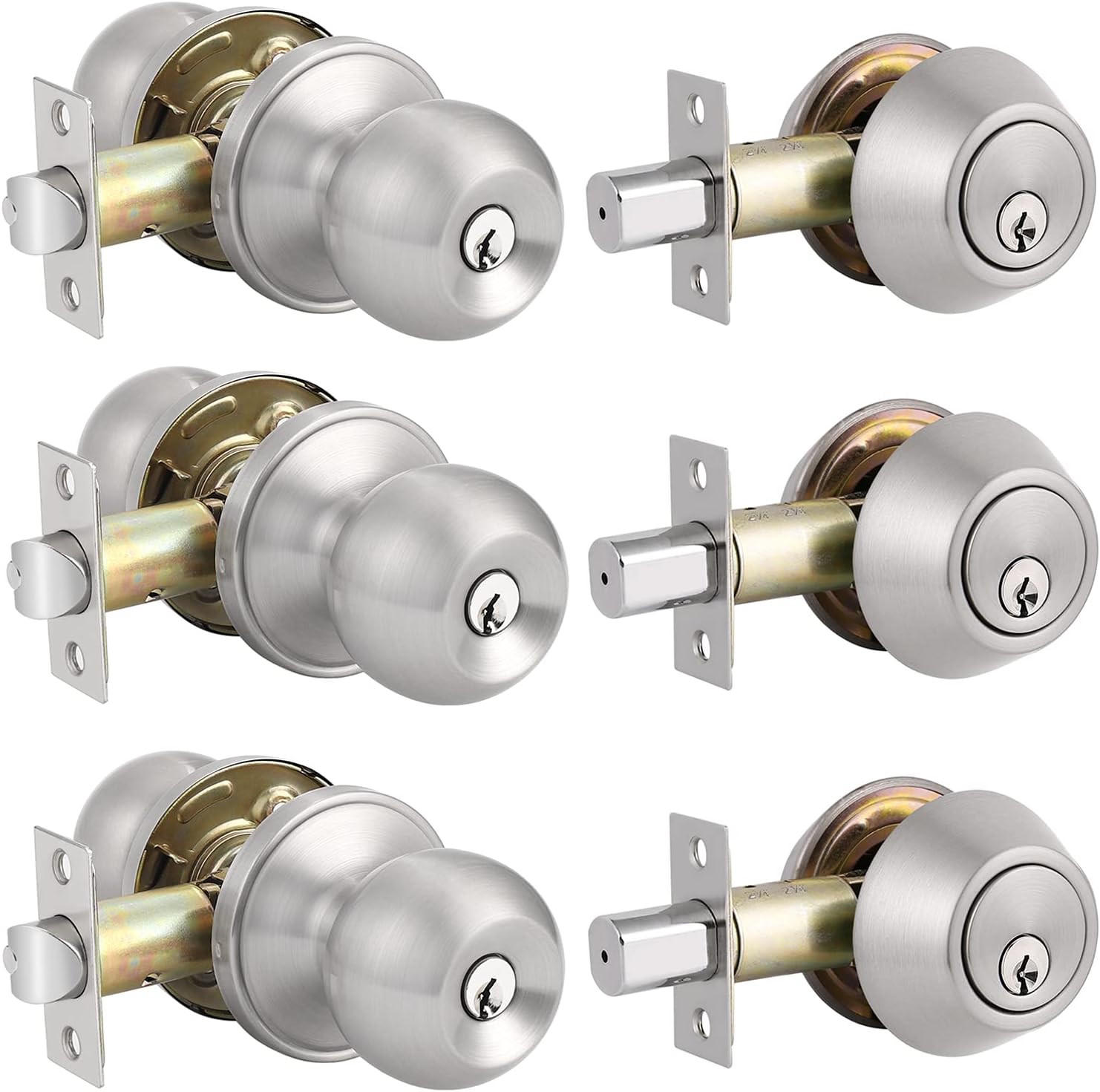 Knobonly Entry Door Handle with Double Cylinder Deadboltin Brushed Nickel, Fit for Right/Left Handed Doors, Entrance Door Handleset Keyed Alike, Combo Pack of 3-Keyed on Both Side