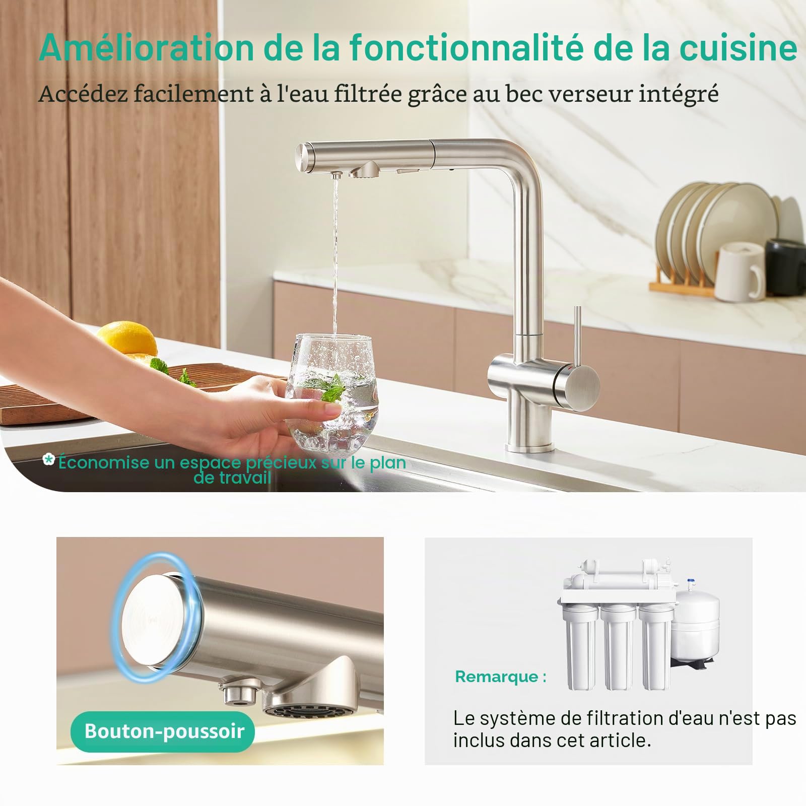 Faustina Robinet de cuisine 3 voies avec douchette extensible, mitigeur monocommande Robinet d'évier Robinet d'eau potable Cuisine pour osmose inverse et filtre à eau en acier inoxydable brossé