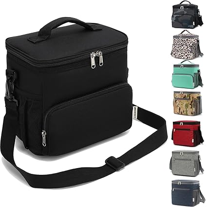 Insulated Reusable Lunch Bag Adult Large Lunch Box for Women and Men with Adjustable Shoulder Strap,Front Zipper Pocket and Dual Large Mesh Side Pockets (Black#2)