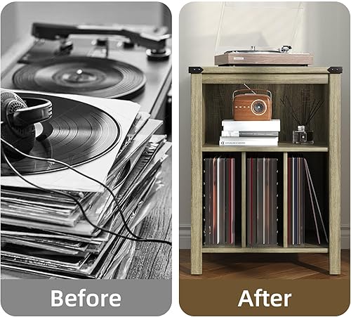 Miniatura 4 de 4 EVER WINNER Soporte para tocadiscos con almacenamiento, mesa para tocadiscos con estante abierto y orificio de salida, soporte giratorio con 3