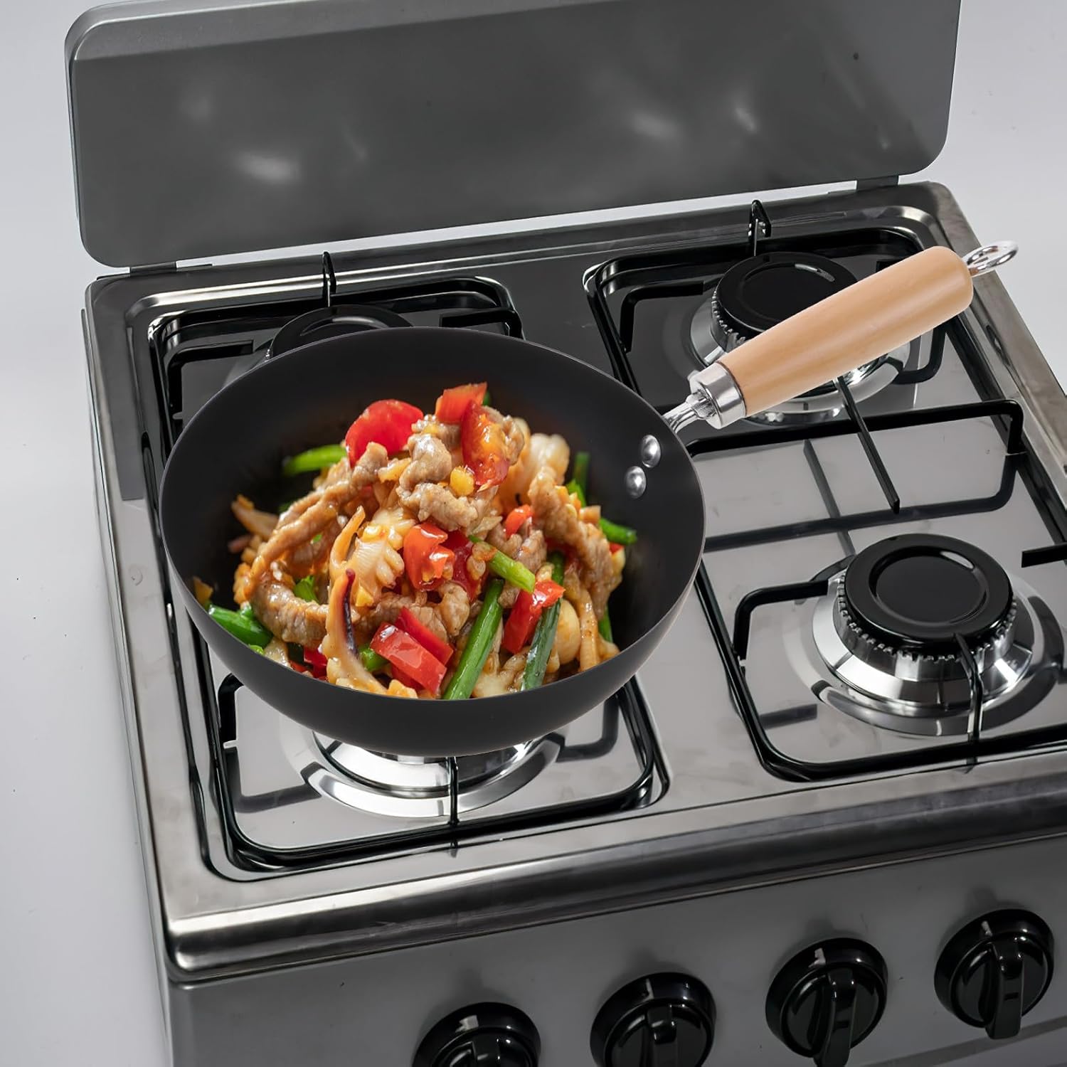 Japanese Style 20cm Mini Cast Iron Wok with Lid, Flat Bottom Cooking Pan for Gas and Induction Stove, Non-coated Steel Stir-fry Pan for Home Use