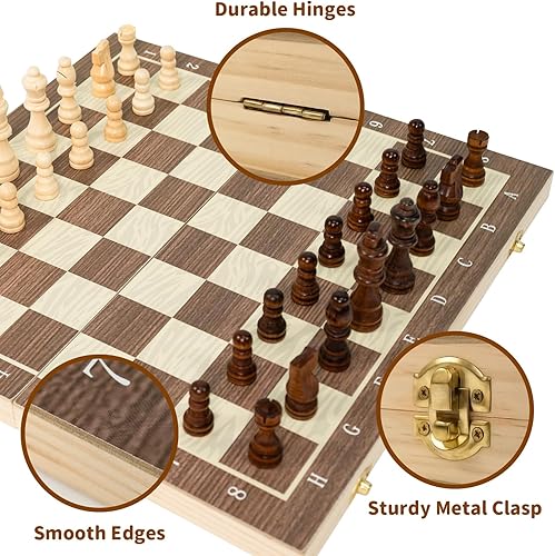 Miniatura 7 de Juego de tablero de ajedrez magnético de madera, juegos de ajedrez de viaje plegables de 15.3 pulgadas con ranuras de almacenamiento, juego de 2