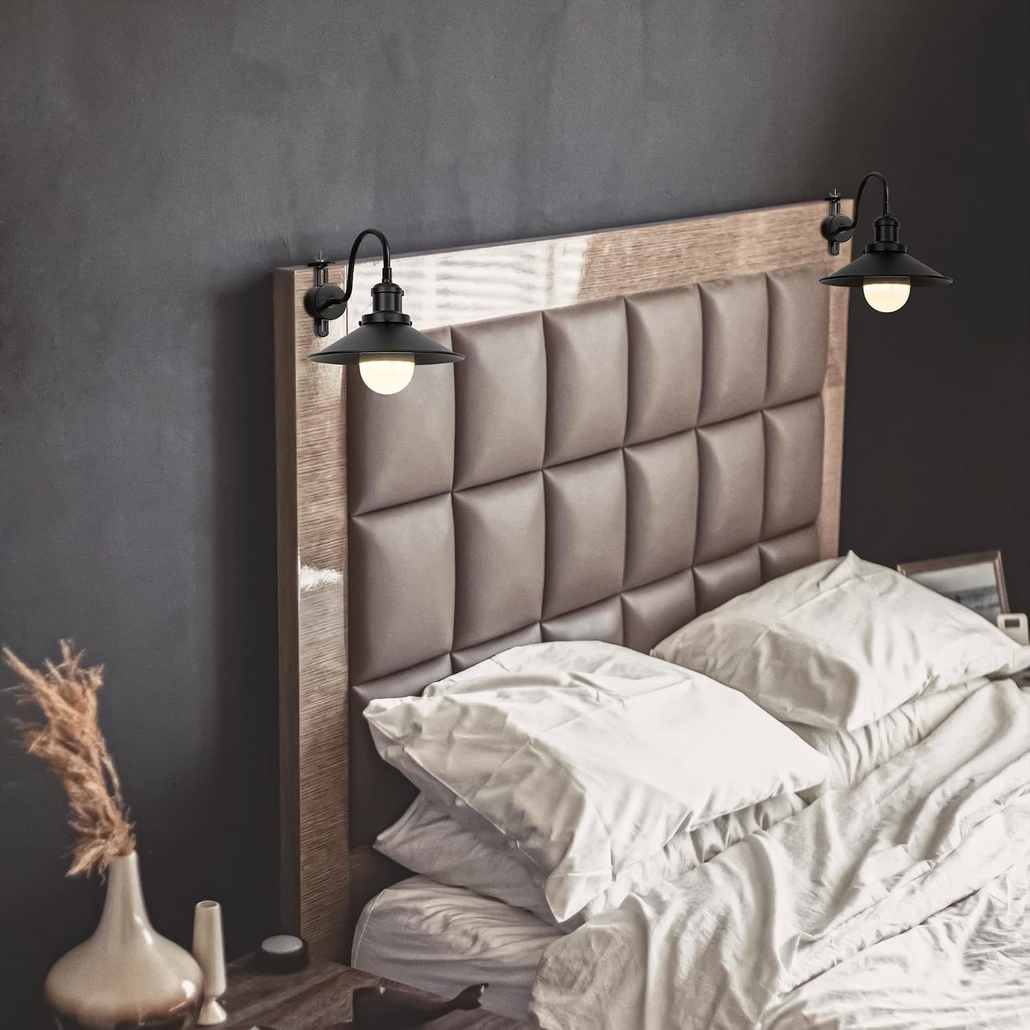 Set of Two Bedside Lamp No Wiring Required Rechargeable Battery Remote Timer Dimming LED Bulb Gooseneck Stem Black Metal Vintage Design for Rental Reading Children‘s Room