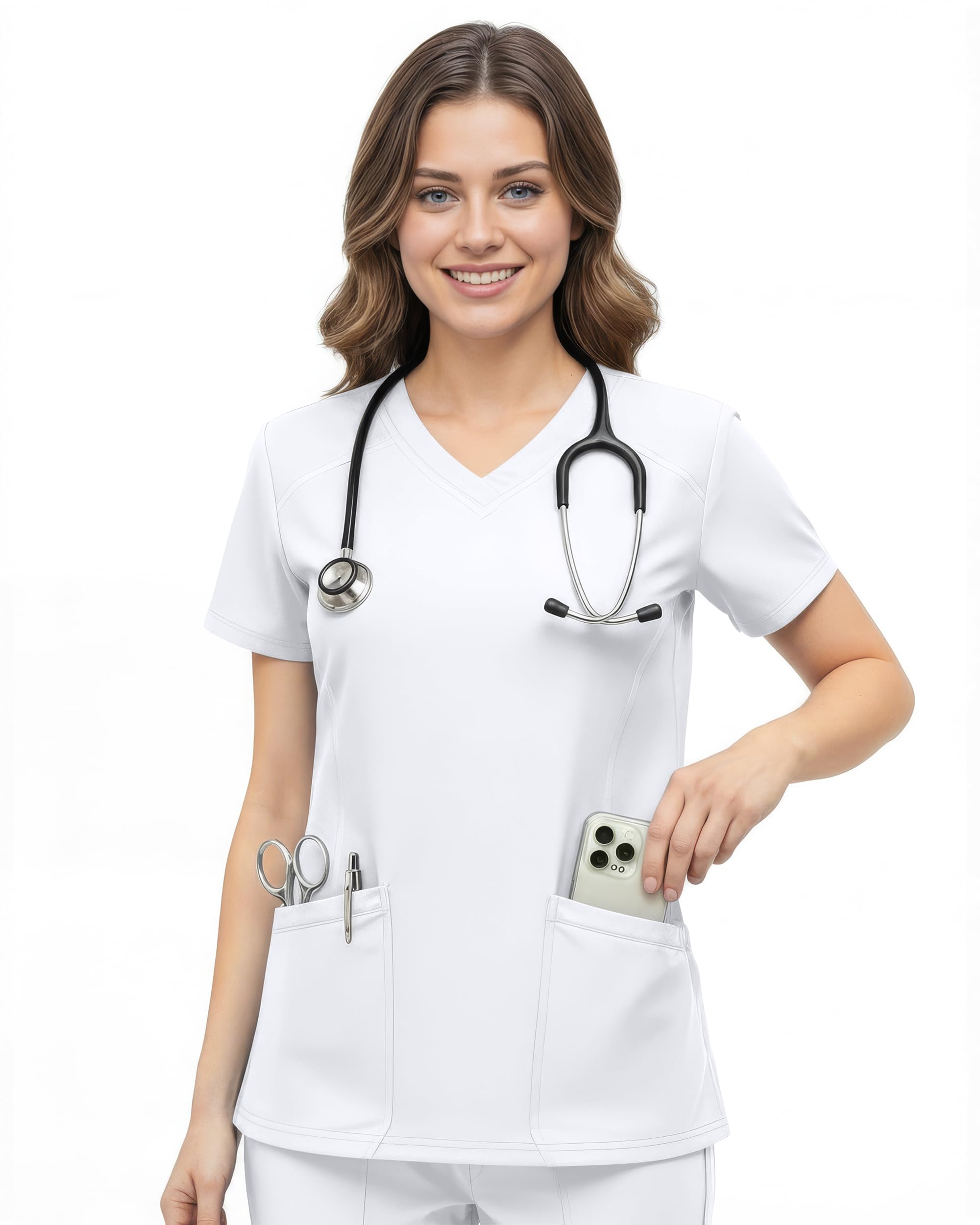 NY Threads Scrub Tops for Women Soft Stretch V-Neck Medical Scrub Top with Pockets, Small, White