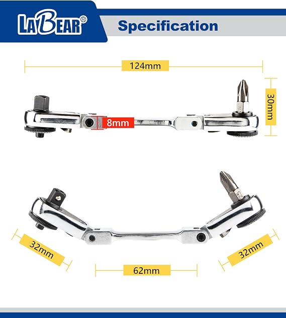 LABEAR 5-Inch Dual Flex Head Ratchet Wrench, 1/4 Bit & Socket Drive | Magnetic Bit Driver, 7-position head, 72-tooth gear, 5 swing arc, 180 Flexible Flat End