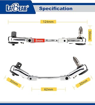 LABEAR 5-Inch Dual Flex Head Ratchet Wrench, 1/4 Bit & Socket Drive | Magnetic Bit Driver, 7-position head, 72-tooth gear, 5 swing arc, 180 Flexible Flat End