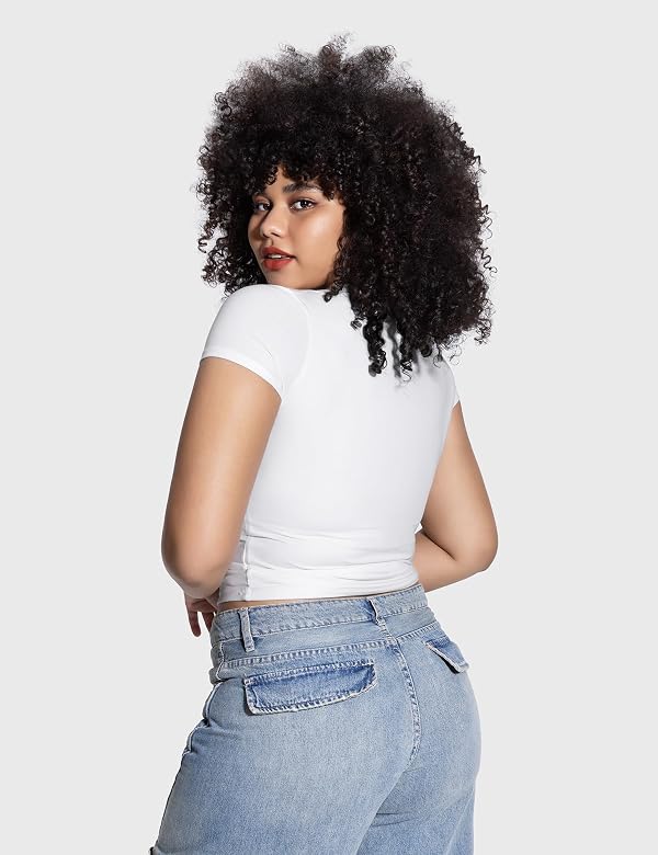 PUMIEY Summer Tops for Women Slim Fit Short Sleeve T Shirts Sexy Y2K Crop Top, Splashed White X-Small by PUMIEY - Used condition - Image 9