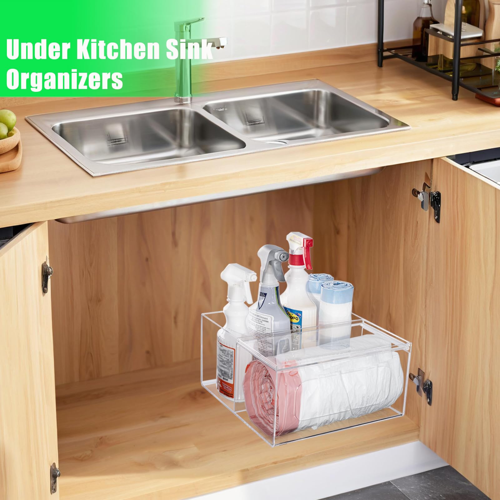 Dispensador de bolsas de basura acrílicas para cocina y baño, organizador y almacenamiento, dispensador grande de bolsas de basura debajo del fregadero, organización transparente para cuarto