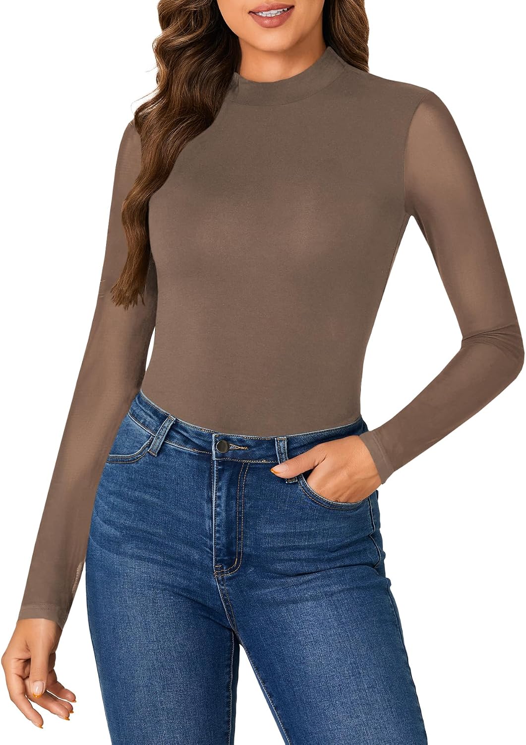 LYANER Women's Basic Mock Neck Stretch Sheer Mesh Long Sleeve Bodysuit Leotard Top Brown Large