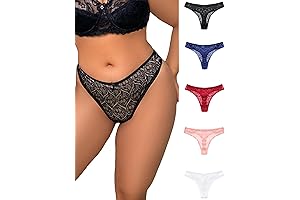 Women's Plus Size 5 Packs Lace High Waisted Thong See Through Panty Underwear