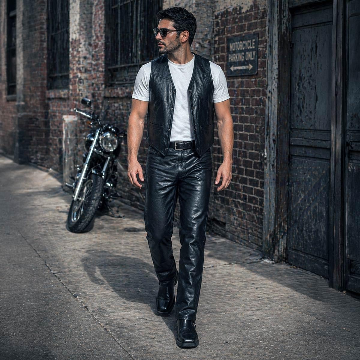 Condition photo showing New/Like New for milwaukee leather lkm5716 men's classic black premium leather fitted casual biker leather pants- size 40