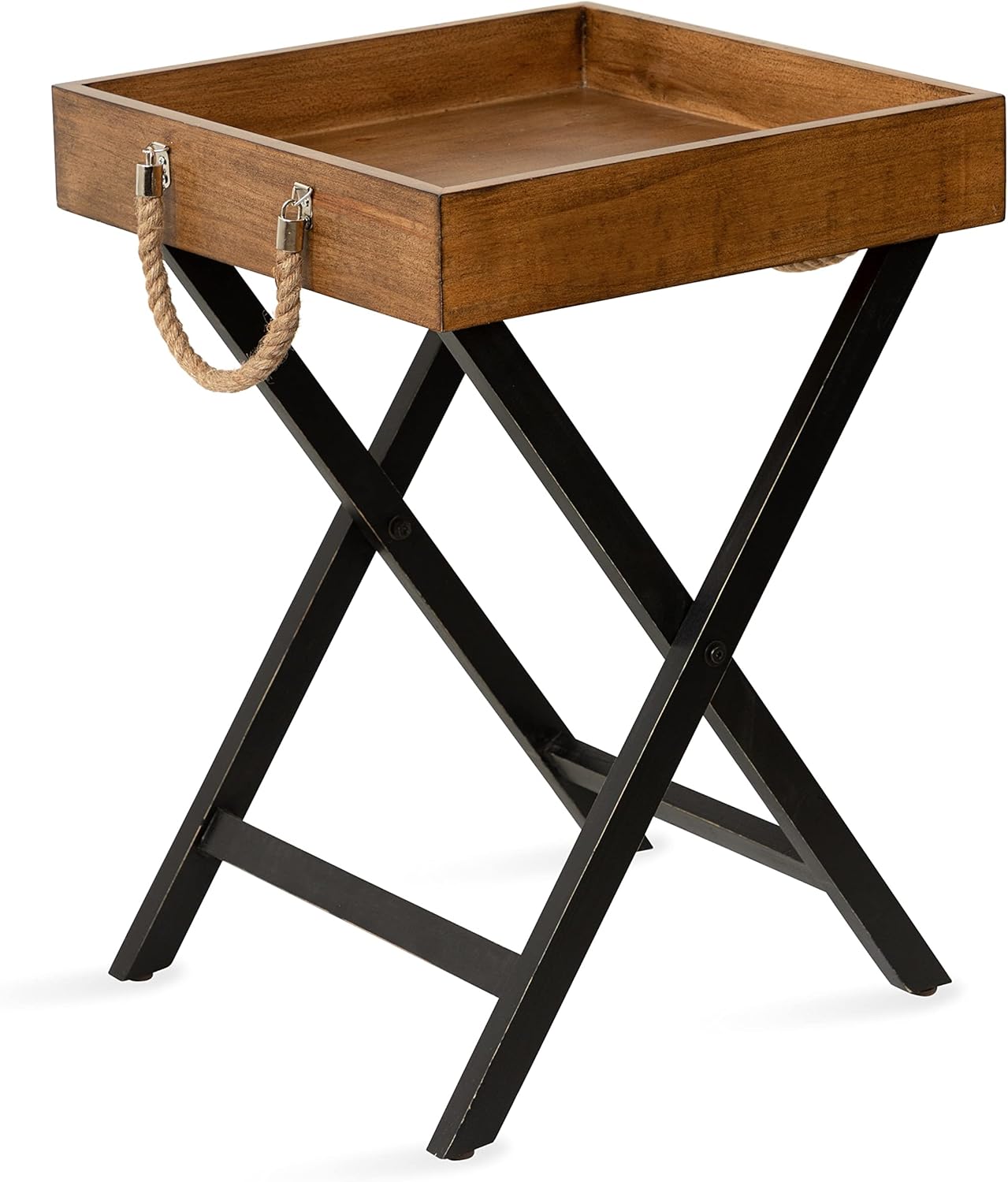 Kate and Laurel Bayville Farmhouse Wood Tray Table, 17 x 17 x 24, Rustic Brown and Black, Decorative Modern Tray Table with Deep Removable Tray for Serving, Display, and Storage