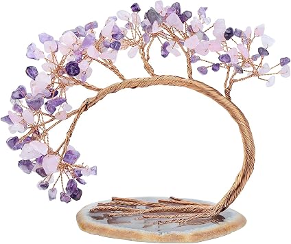 SUNYIK Natural Amethyst Rose Quartz Crystal Tree with Agate Slice Base