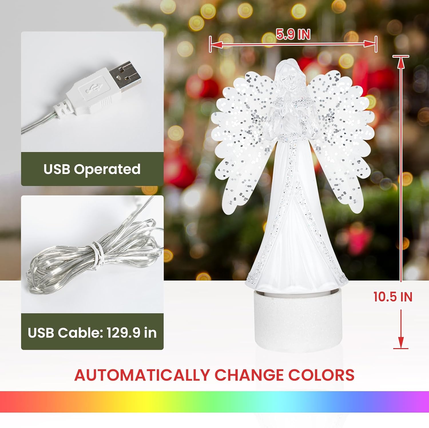 N&T NIETING Christmas Angel Tree Topper,14 Inch Rotating Multicolor Lighted Christmas Tree Topper, Angel Tree Toppers Lights for Home Party Xmas Decor