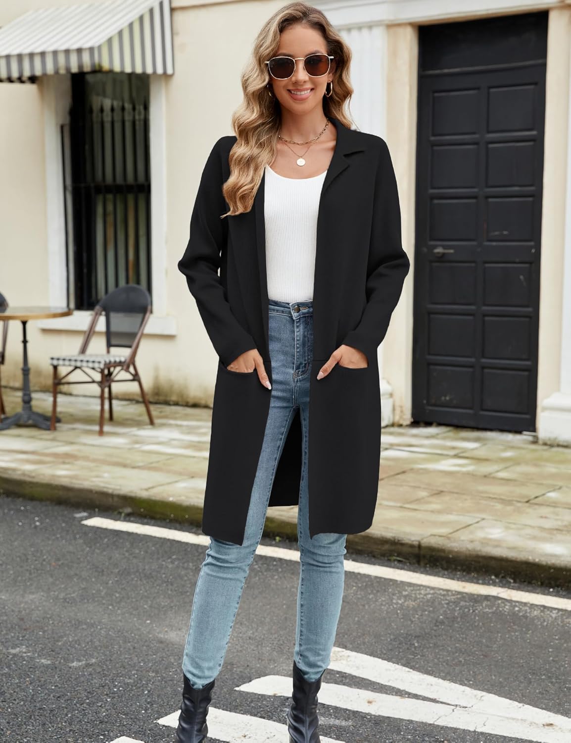 Genhoo Womens Long Cardigan Sweaters Knit Open Front Coatigan Lapel Knee Length Cardigan Coat with Pockets - Image 2