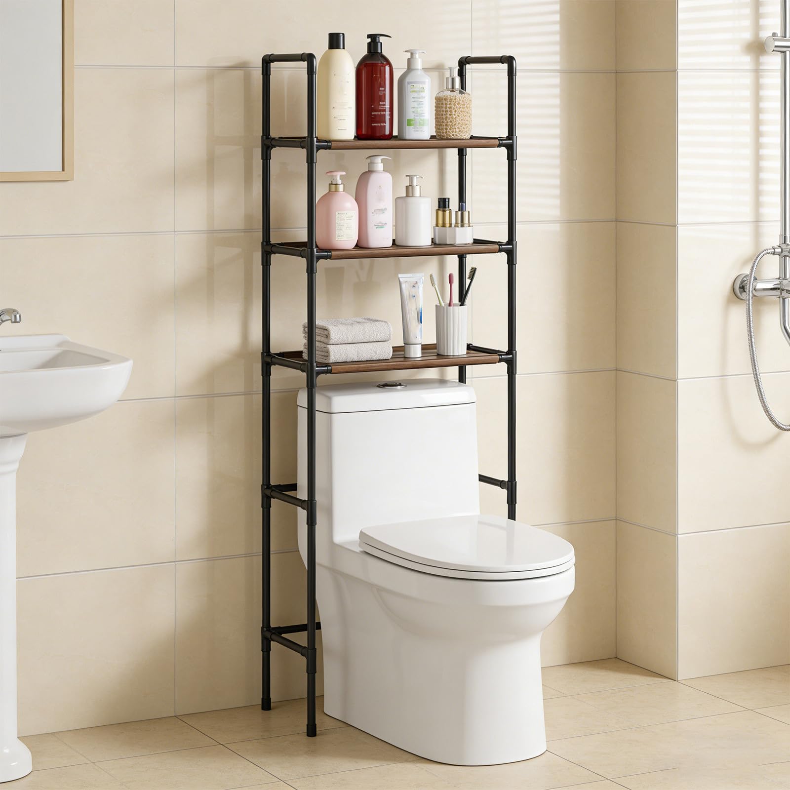 3-Tier Over The Toilet Storage Rack, Over The Toilet Space Saver Over The Toilet Rack, Free Standing Plastic Bathroom Shelf, Easy Assembly,Storage Shelf Unit Organizer Bathroom Shelf (Black)