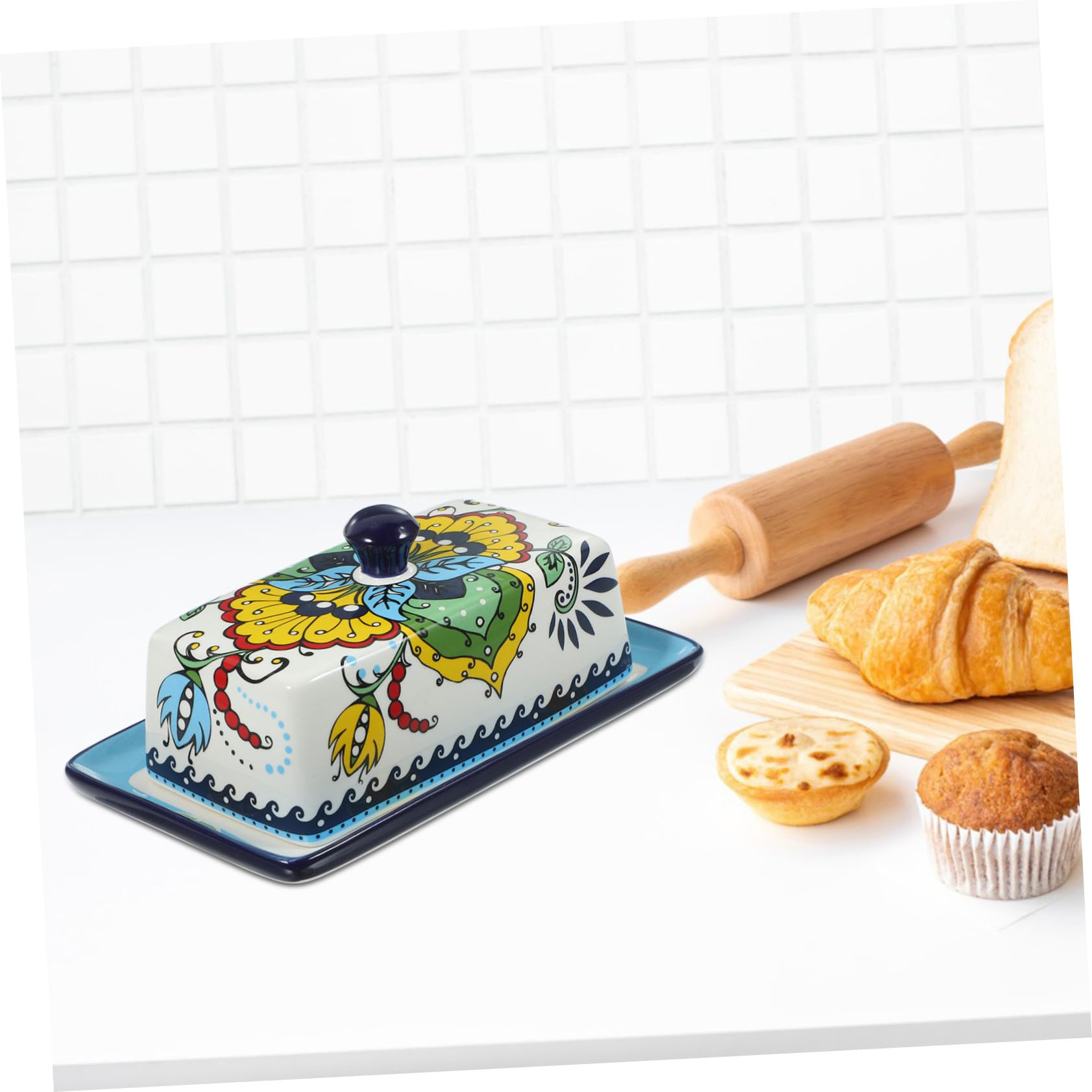 Beurrier Cuisine en Céramique Bleu, Style Européen avec Couvercle