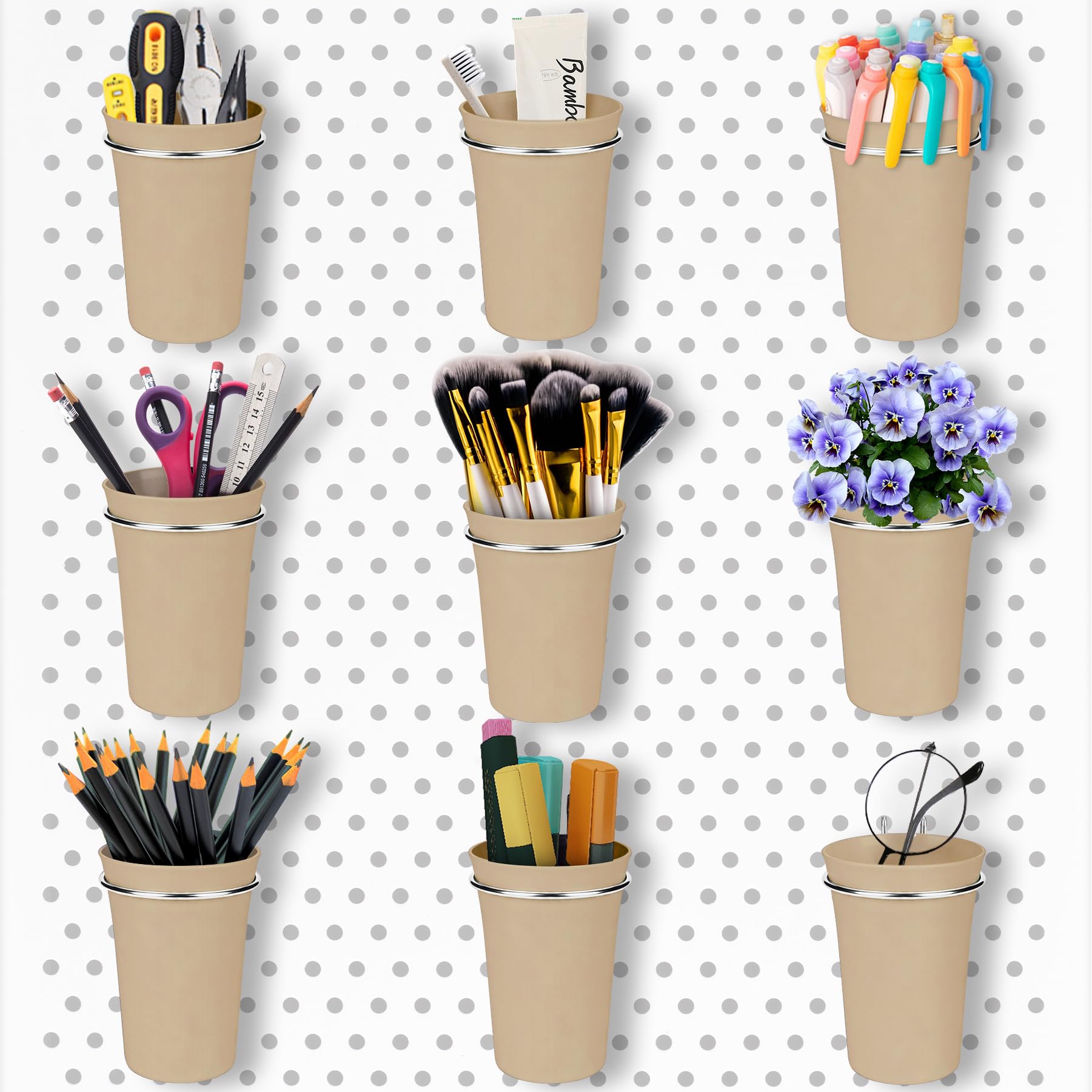 Pegboard Cups With Loops, 9 Pack Khaki Peg Board Pencil Holder Organizer