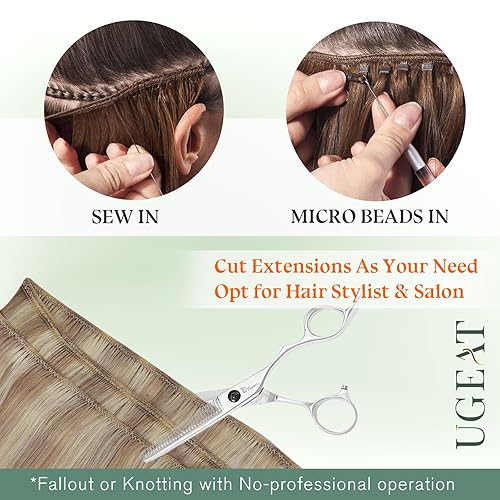 Miniatura 3 de Ugeat Extensiones de cabello humano real de 22 pulgadas para coser, para mujer, rubio ceniza oscuro, reflejos rubio dorado, invisibles, doble trama,