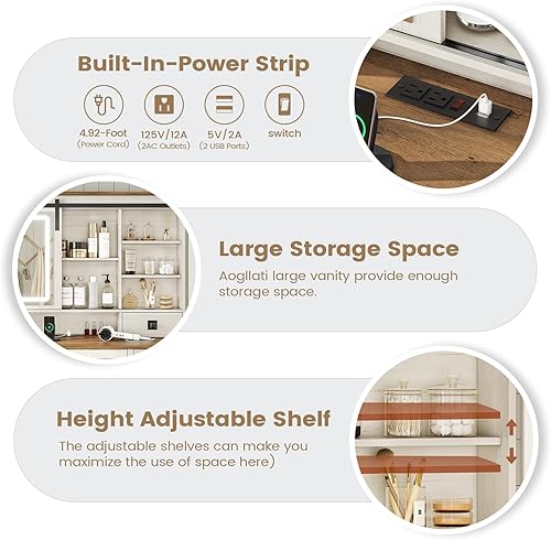 Miniatura 5 de AOGLLATI Escritorio de maquillaje de granja con luces y estación de carga, escritorio de tocador con espejo y luces, mesa grande de tocador marrón