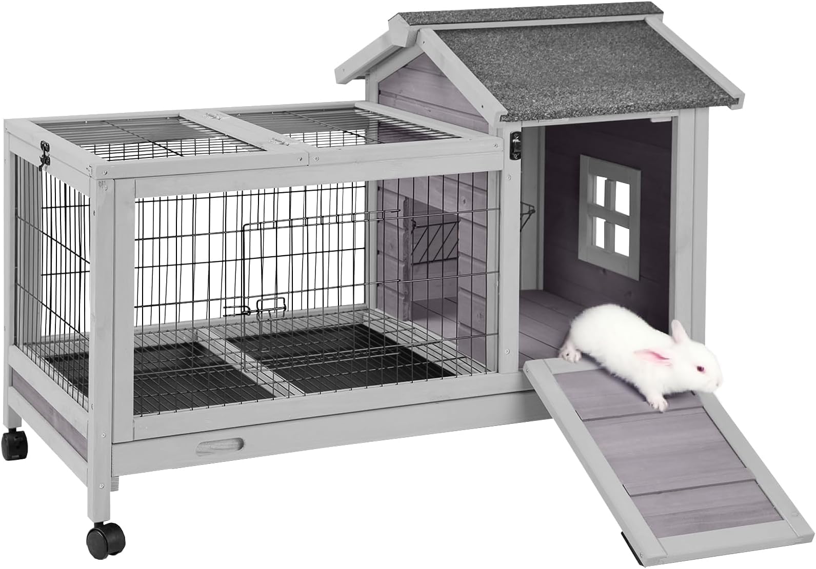 Aivituvin Rabbit Hutch Outdoor and Indoor on Wheels, Wooden Bunny Cages with Deeper Leakproof Tray - Upgrade with Metal Wire Floor,40.4" Lx23.6 Wx28.3 H (Grey, AIR24)