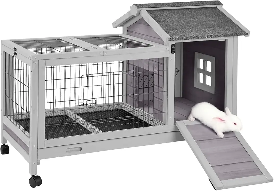 Aivituvin Rabbit Hutch Outdoor and Indoor on Wheels, Wooden Bunny Cages with Deeper Leakproof Tray - Upgrade with Metal Wire Floor，40.4" Lx23.6 Wx28.3 H (Grey, AIR24)