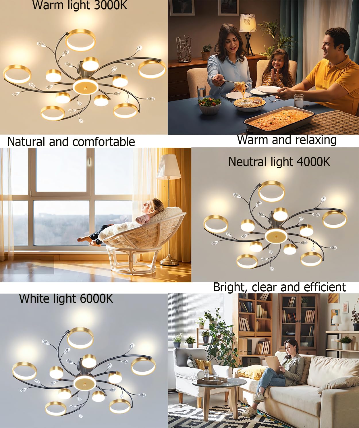 Luce a sospensione di cristallo LED dimmerabile con telecomando regolabile 3000K-6000K 110W Plafoniera a più teste per soggiorno, camera da letto e sala da pranzo (10+1 teste)