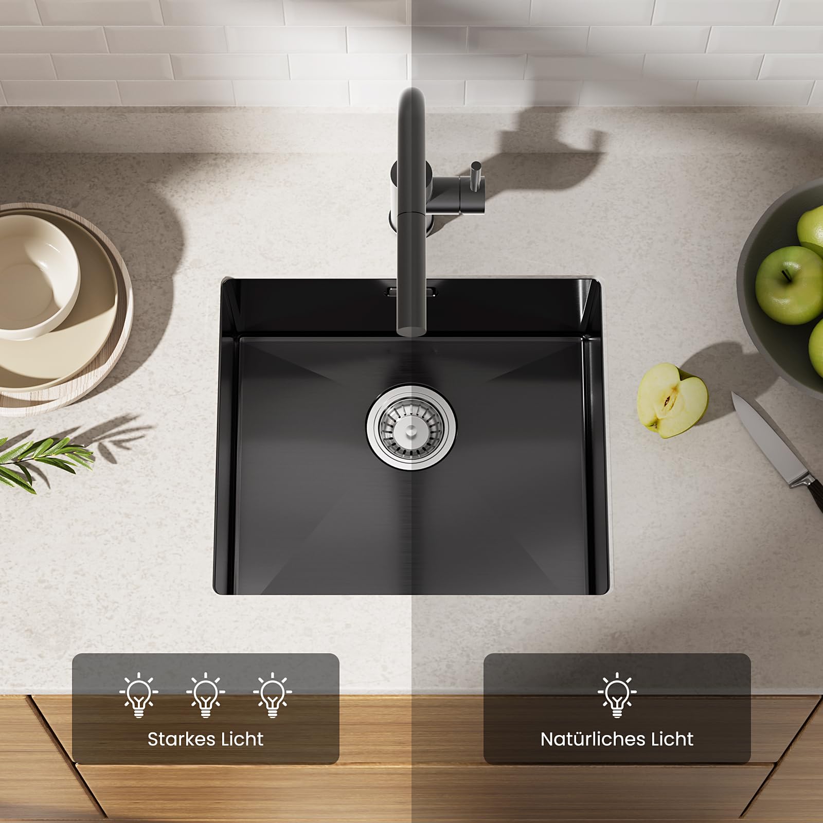 CECIPA Lavello Nero Antracite 50x44cm, Lavello Cucina in Acciaio Inox Angolare, Lavello Cucina in Acciaio Inox Lavello da Incasso Piccolo incluso Sifone, Lavabo Cucina da 50cm di Altezza senza