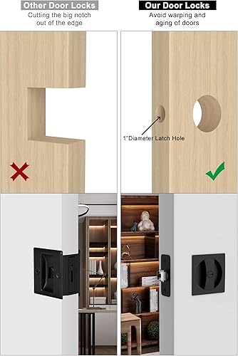 Miniatura 3 de Surnovae Paquete de 2 cerraduras de puerta de bolsillo para camabaño, color negro mate, contemporáneo, privacidad cuadrada, cierre de puerta