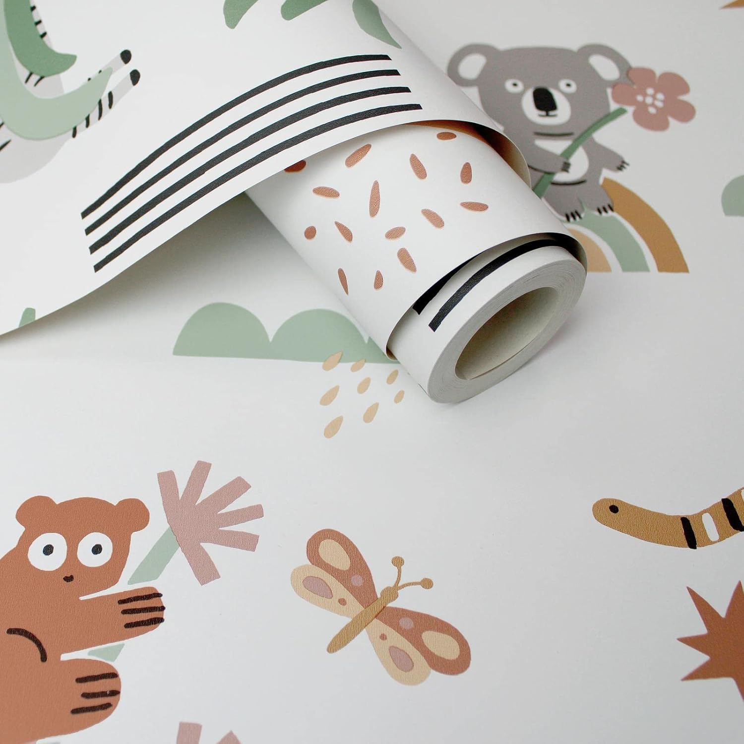Abstract Fun Animals and Patterns Zebra Koala Snake Toucan Stripes and Spots Rainbow Wallpaper for Nursery Playrooms and Baby Bedrooms Sage/Beige Holden 13351