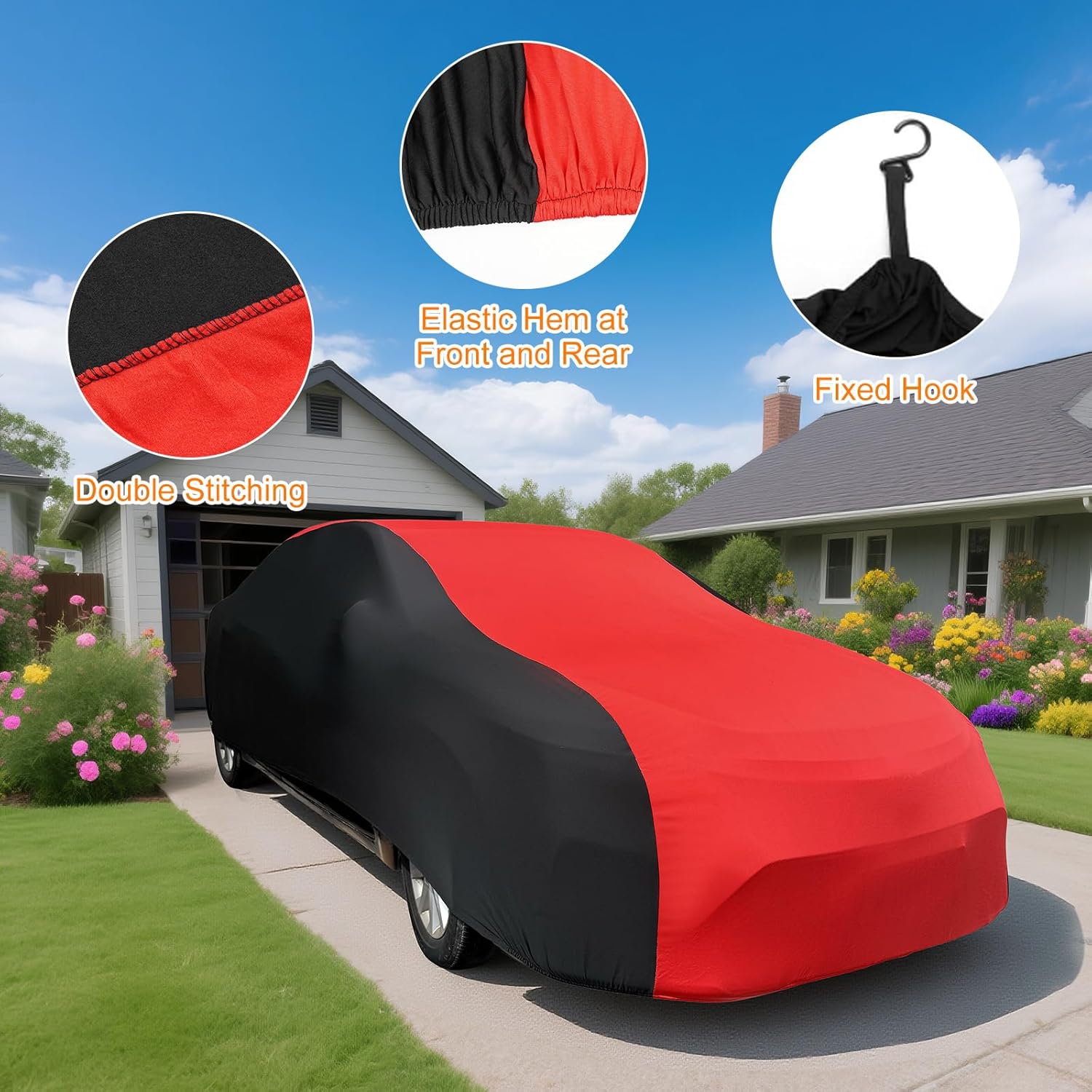 Indoor Car Cover, Stretch Satin Soft Dust Protection, Universal Fit for 173-189 Inch Sedans, Breathable Full Car Cover for Garage, Car Show, Windproof with Storage Bag, Red & Black