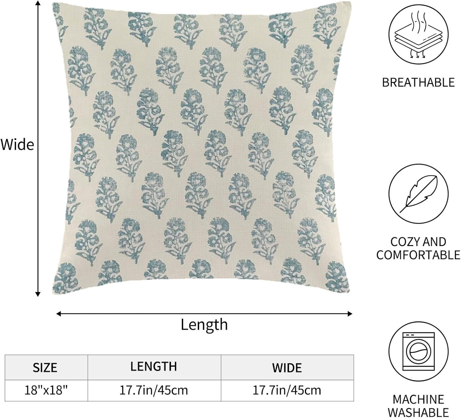 Navy Blue Block Print Pillow Covers 18x18 Inch Set of 2 Vintage Boho Floral Outdoor Decorative Throw Pillow Cases Farmhouse Spring Summer Flower Square Cushion Covers for Home Sofa Bedroom - Image 7