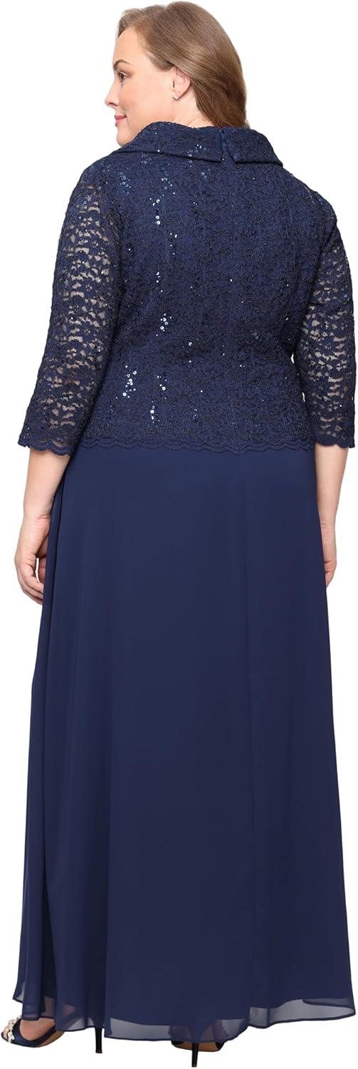 Alex Evenings Womens Plus-Size 3/4 Sleeve Portrait Collar Stretch Lace Bodice Mother of The Bride Dress - Image 2