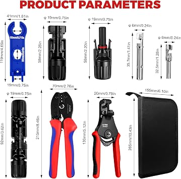 Solar Panel Connectors Kit with Crimping Tool,10 Pairs Male Female PV Connectors for 2.5/4/6 mm²(10-14 AWG), Includes Solar Crimper, Wire Stripper & 2 Spanners