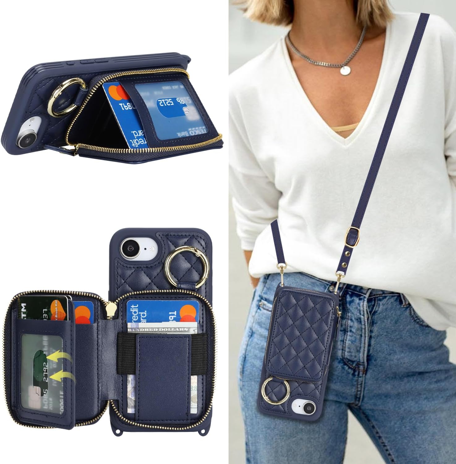 Crossbody Wallet Case for iPhone 17e/16e, PU Leather Zipper Handbag Purse Flip Cover, Kickstand Folio Case with Card Slots Holder Wrist Strap Lanyard 5G 6.1 Inch-Blue