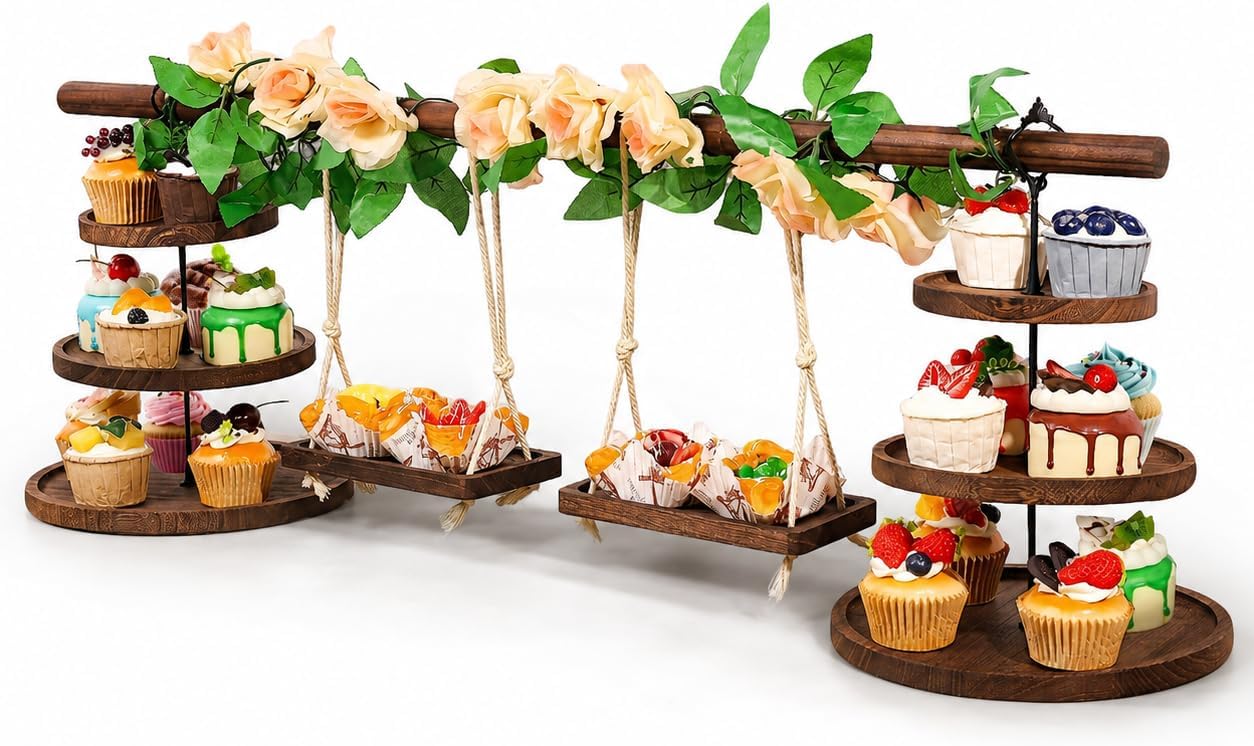 Large Wooden 3 Tier Cupcake Dessert Table Display Stand with Swing
