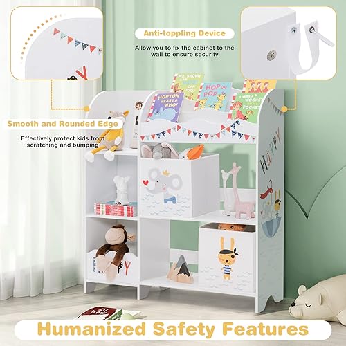 Miniatura 8 de HONEY JOY Organizador de almacenamiento de juguetes para niños, unidad de almacenamiento de madera con 2 cajas, estantería de exhibición para niños