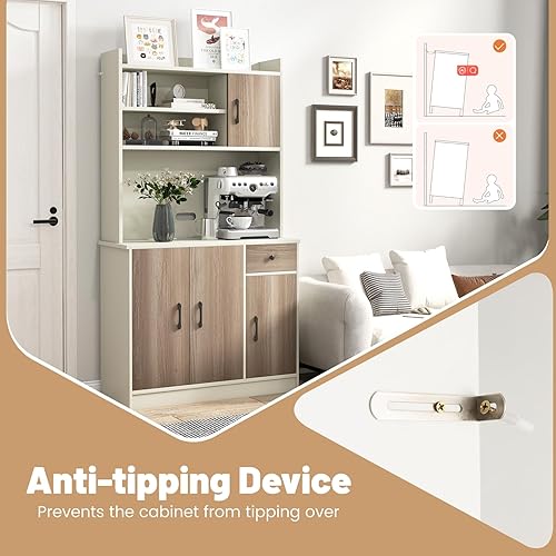 Miniatura 7 de Armario de despensa de cocina, armario de almacenamiento de 71 pulgadas de alto con puertas y estantes, gabinete de microondas con toma de