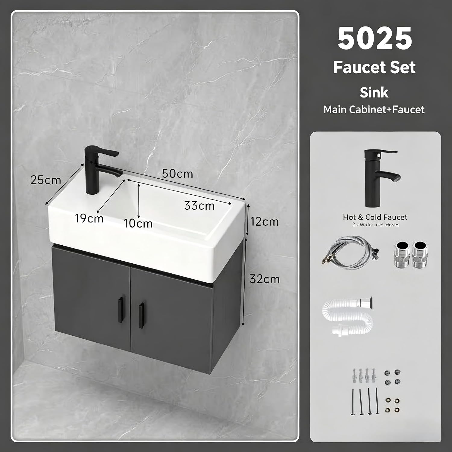 20 Inch Wall Mounted Compact Bathroom Vanity with Integrated Ceramic Sink, Modern Floating Single Door Vanity Cabinet for Small Bathrooms & Apartments, Multiple Colors Available (Dark gray5025)