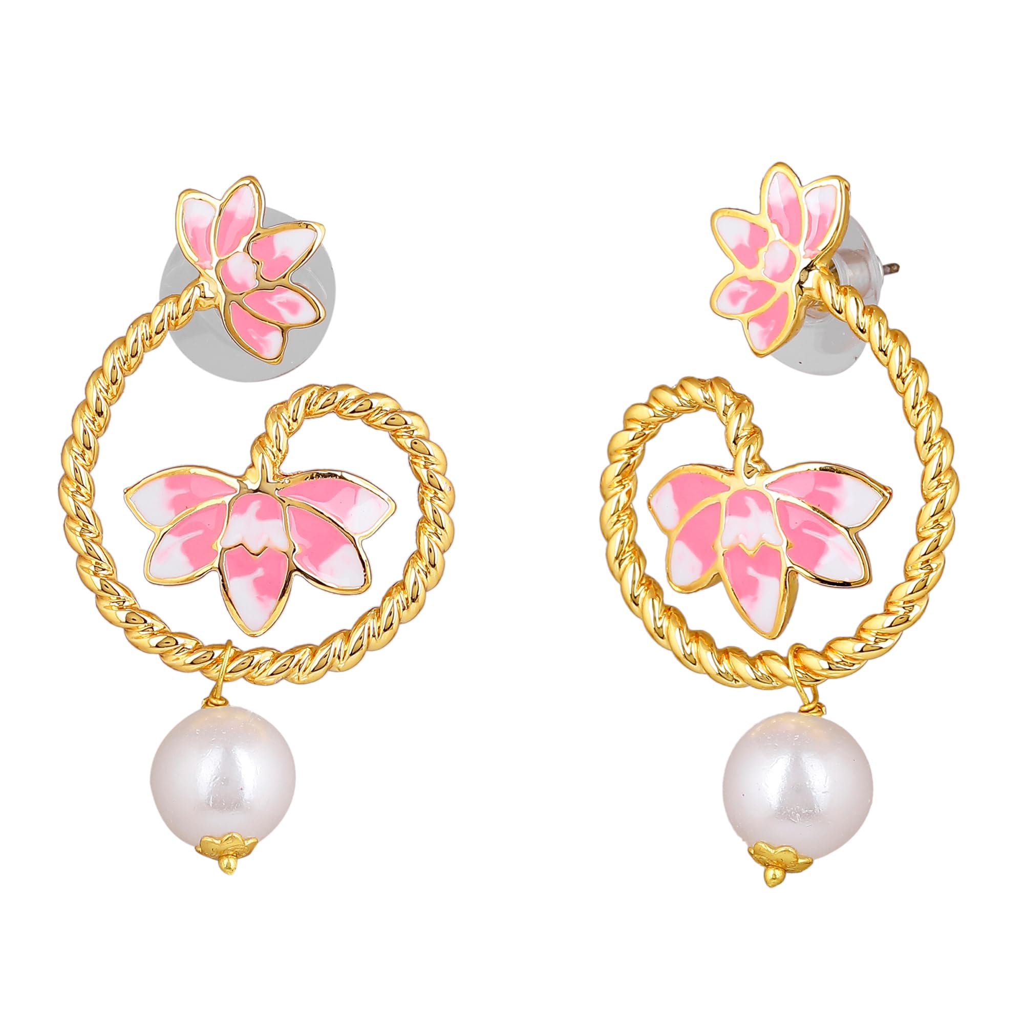 Enamelled Lotus Pearl Drop Earrings