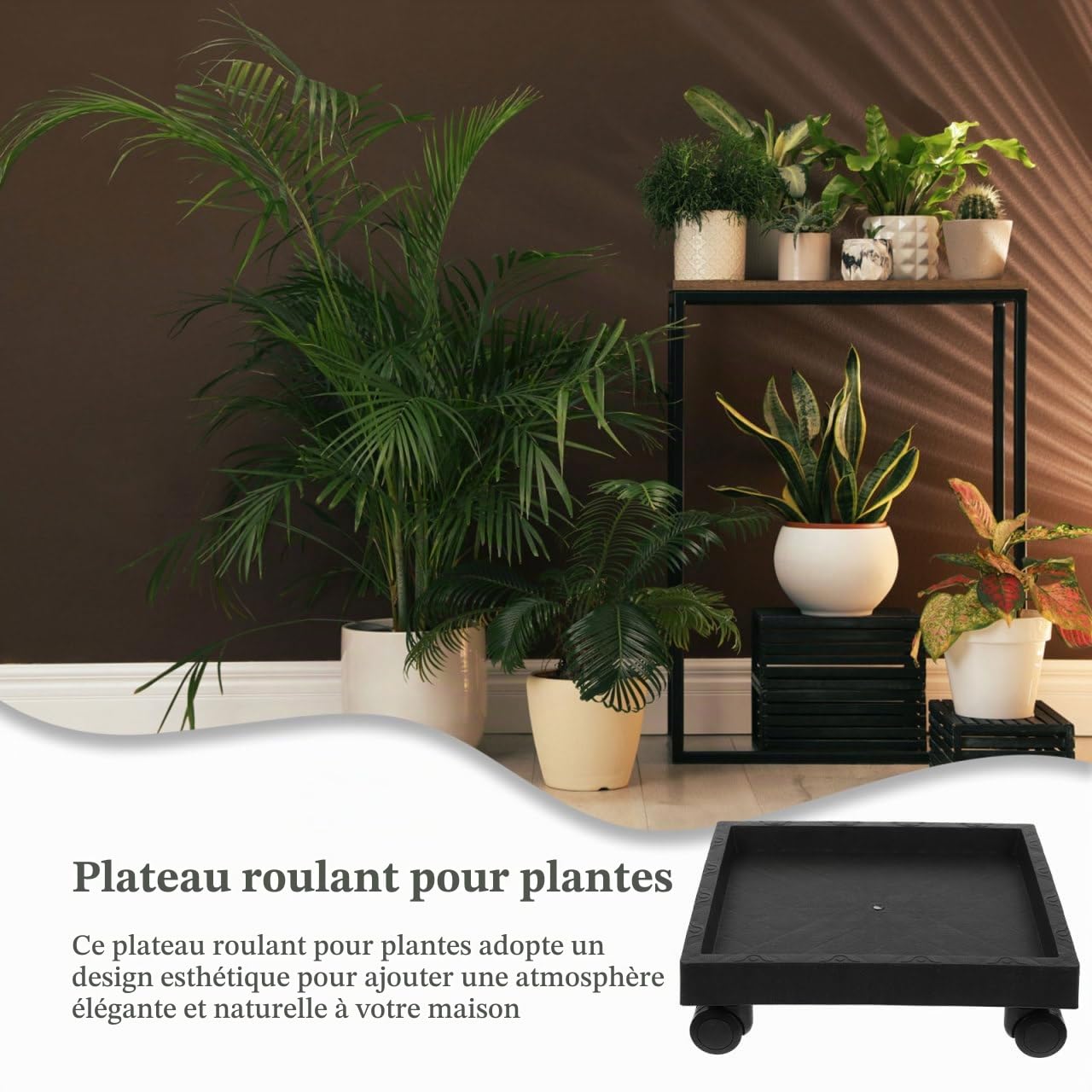 Hemoton Support de Pot de Fleurs carré avec roulettes pour Pot de Fleurs - roulettes - Plateau Robuste - Noir