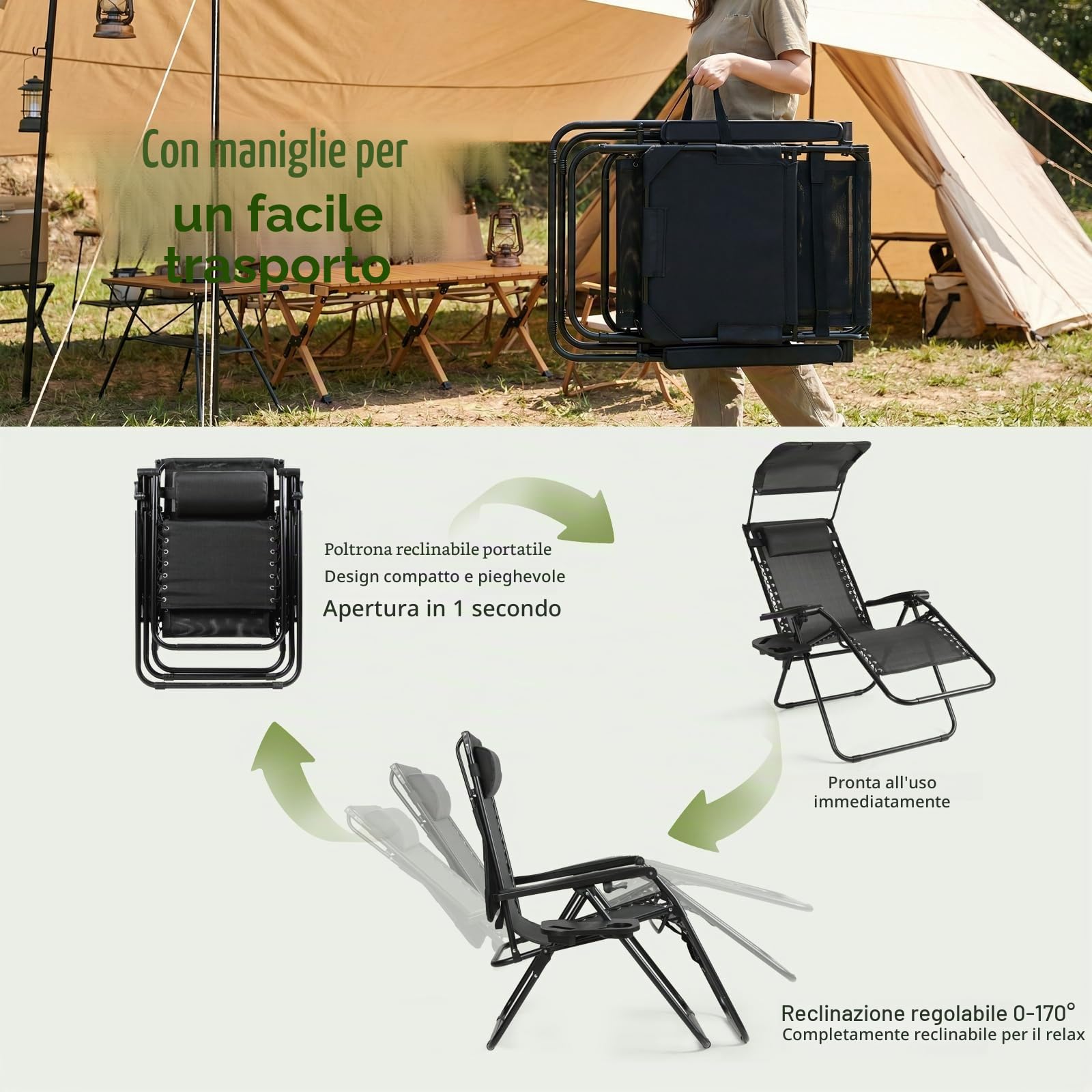 VOWNER Sedie da Giardino Pieghevoli, Set di 2 Poltrone Esterno, Nero | Poltrone pieghevoli da esterno con tettuccio parasole e porta bevande per piscina.