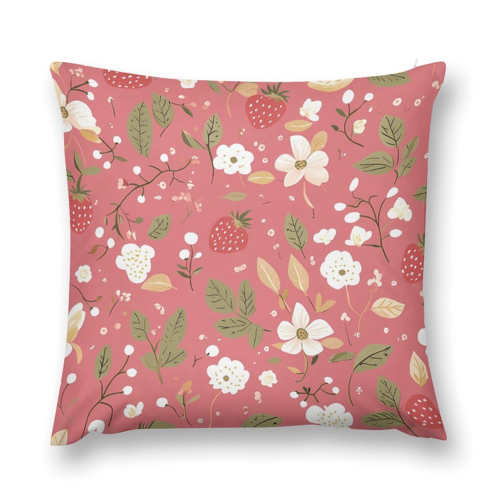 Strawberry Flowers and Leaves Decorative Throw Pillow Covers Plush Cushion Protect Case for Sofa Bedroom 22 