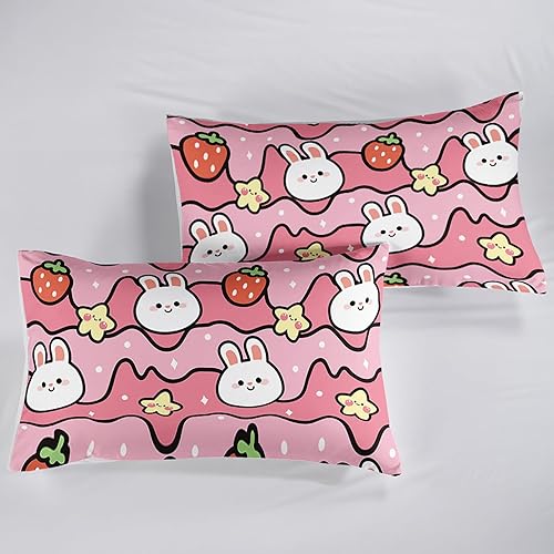 Miniatura 7 de QOOMO Juego de sábanas Kawaii de conejo para niños, tamaño Queen, con bolsillo profundo de 16 pulgadas, estampado de fresa rosa, suave y