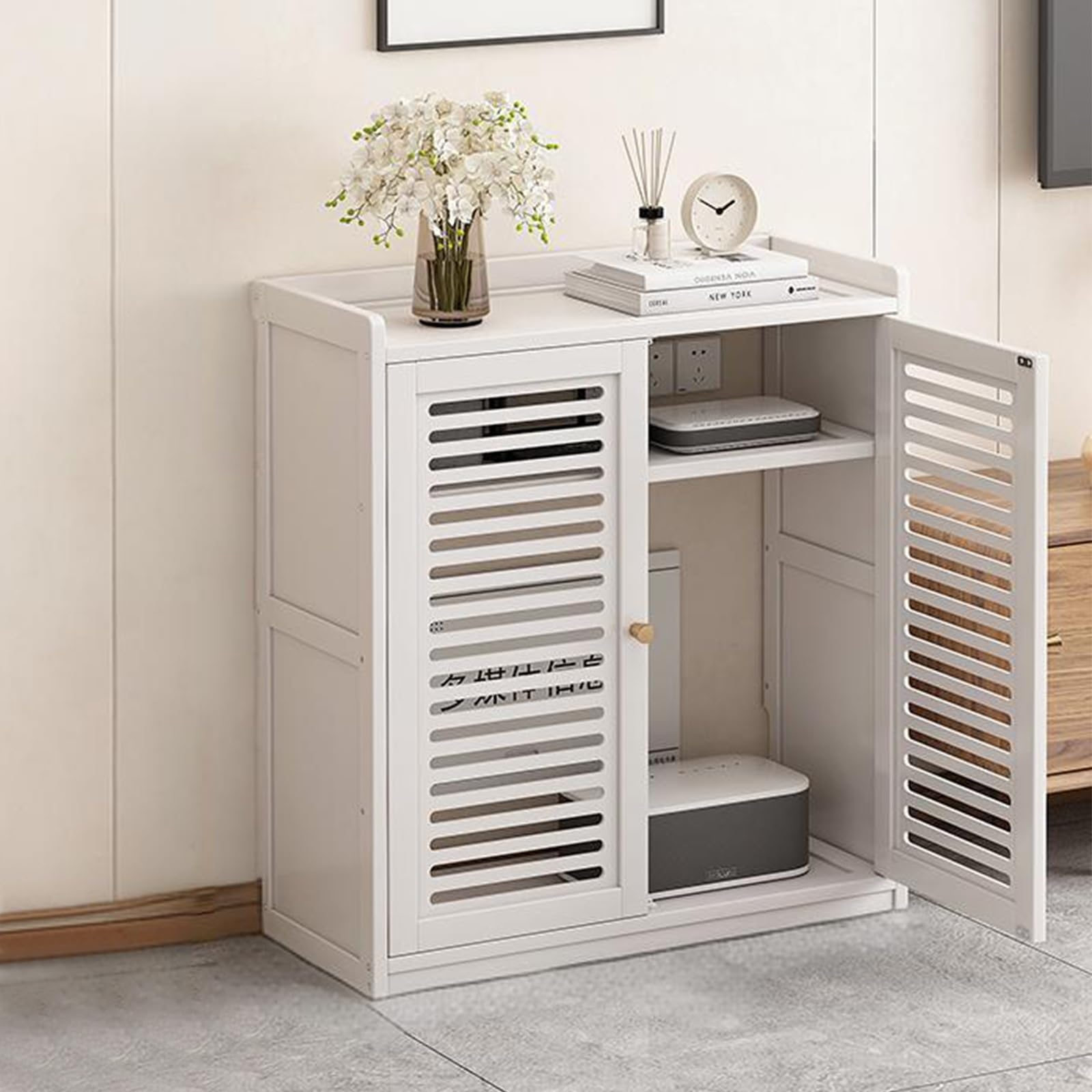 DECAKE Floor Standing Router Storage Cabinet with Multi-Layer Shelves, Invisible WiFi Modem Hider for Home and Office Organization