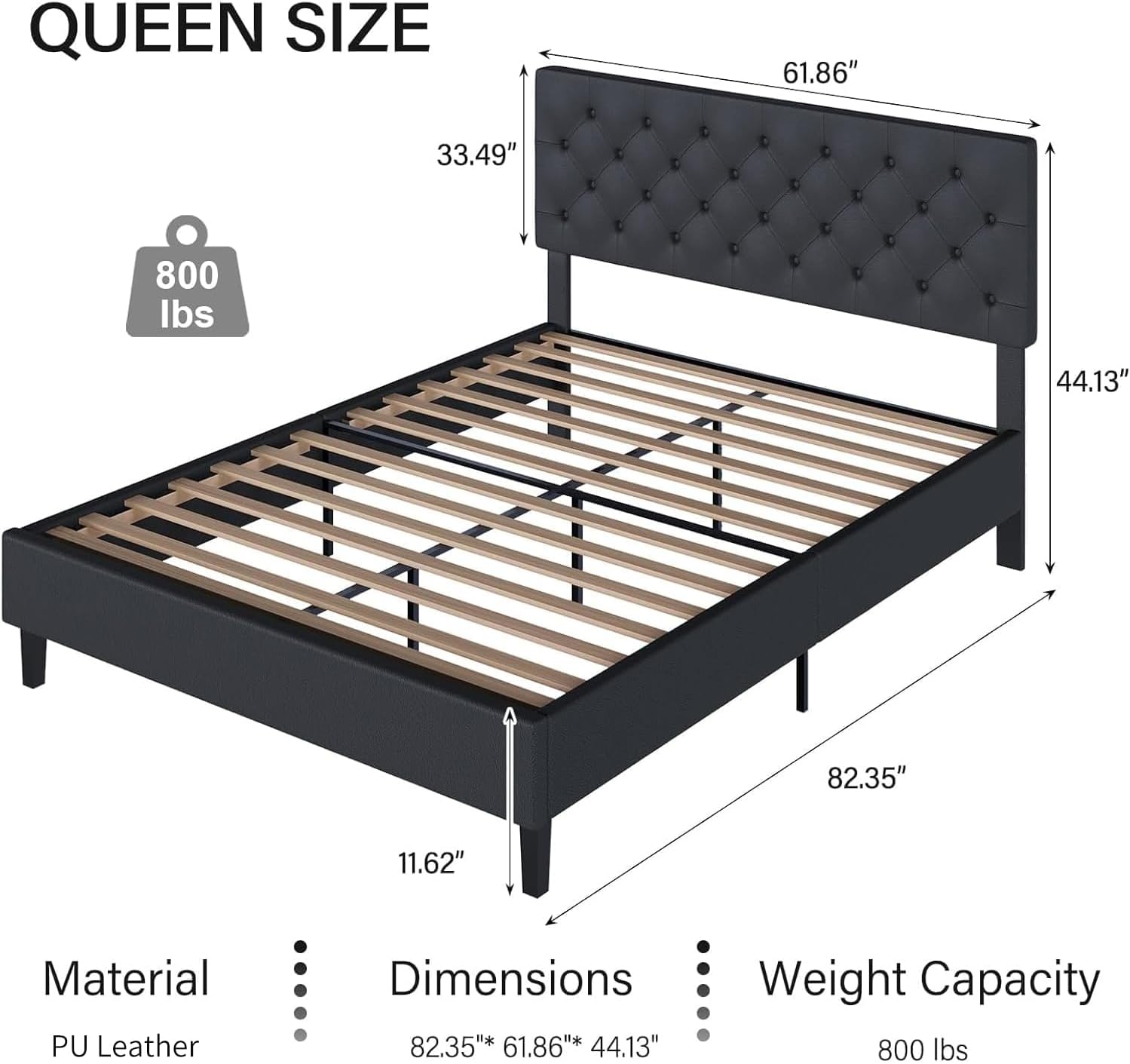 Queen Bed Frame with Headboard, Faux Leather Upholstered Platform Bed Frame, Black Bed Frame Queen Size, Wooden Slat Support, No Box Spring Needed, Black