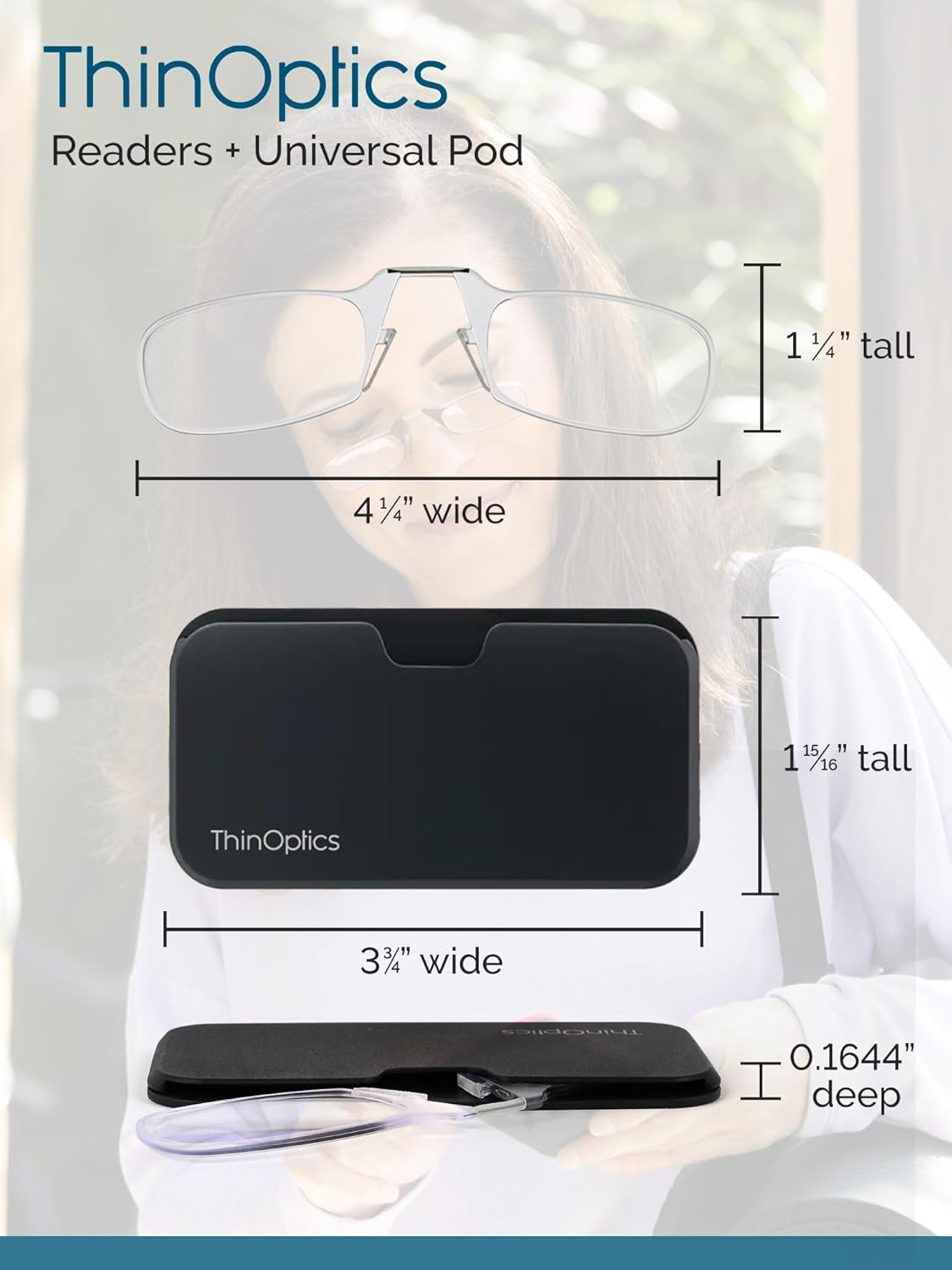 ThinOptics Universal Case and Readers Rectangular Reading Glasses, Silver Black Metal Pod with Black Frames, 1.0 Strength + 1